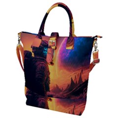 Illustration Trippy Psychedelic Astronaut Landscape Planet Mountains Buckle Top Tote Bag by Sarkoni