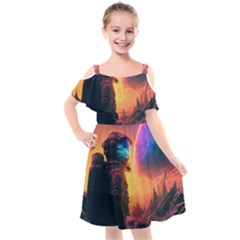 Illustration Trippy Psychedelic Astronaut Landscape Planet Mountains Kids  Cut Out Shoulders Chiffon Dress by Sarkoni