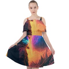 Illustration Trippy Psychedelic Astronaut Landscape Planet Mountains Cut Out Shoulders Chiffon Dress by Sarkoni