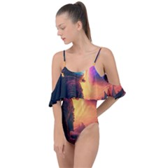 Illustration Trippy Psychedelic Astronaut Landscape Planet Mountains Drape Piece Swimsuit by Sarkoni