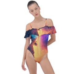 Illustration Trippy Psychedelic Astronaut Landscape Planet Mountains Frill Detail One Piece Swimsuit by Sarkoni