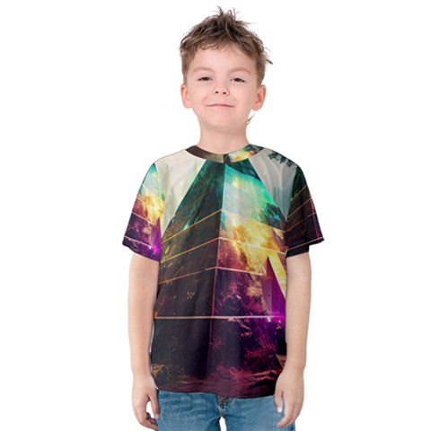 Tropical Forest Jungle Ar Colorful Midjourney Spectrum Trippy Psychedelic Nature Trees Pyramid Kids  Cotton T-shirt by Sarkoni