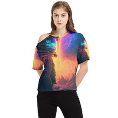 Illustration Trippy Psychedelic Astronaut Landscape Planet Mountains One Shoulder Cut Out T-shirt by Sarkoni