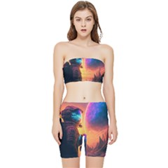 Illustration Trippy Psychedelic Astronaut Landscape Planet Mountains Stretch Shorts And Tube Top Set by Sarkoni