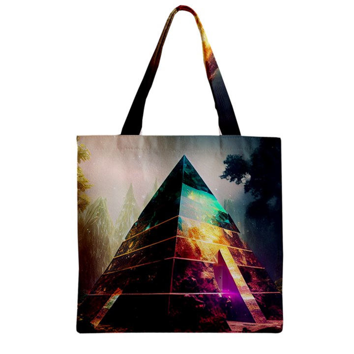 Tropical Forest Jungle Ar Colorful Midjourney Spectrum Trippy Psychedelic Nature Trees Pyramid Zipper Grocery Tote Bag