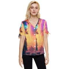 Illustration Trippy Psychedelic Astronaut Landscape Planet Mountains Bow Sleeve Button Up Top by Sarkoni