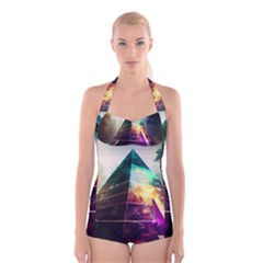 Tropical Forest Jungle Ar Colorful Midjourney Spectrum Trippy Psychedelic Nature Trees Pyramid Boyleg Halter Swimsuit  by Sarkoni