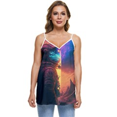 Illustration Trippy Psychedelic Astronaut Landscape Planet Mountains Casual Spaghetti Strap Chiffon Top by Sarkoni