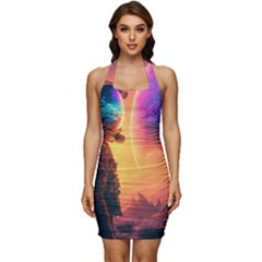 Illustration Trippy Psychedelic Astronaut Landscape Planet Mountains Sleeveless Wide Square Neckline Ruched Bodycon Dress by Sarkoni