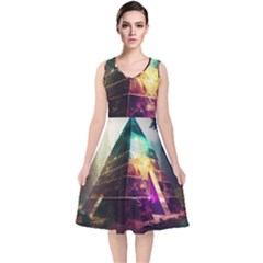 Tropical Forest Jungle Ar Colorful Midjourney Spectrum Trippy Psychedelic Nature Trees Pyramid V-neck Midi Sleeveless Dress  by Sarkoni