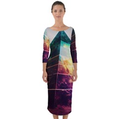 Tropical Forest Jungle Ar Colorful Midjourney Spectrum Trippy Psychedelic Nature Trees Pyramid Quarter Sleeve Midi Bodycon Dress by Sarkoni