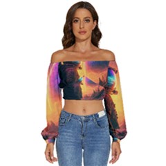 Illustration Trippy Psychedelic Astronaut Landscape Planet Mountains Long Sleeve Crinkled Weave Crop Top by Sarkoni