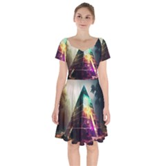 Tropical Forest Jungle Ar Colorful Midjourney Spectrum Trippy Psychedelic Nature Trees Pyramid Short Sleeve Bardot Dress by Sarkoni