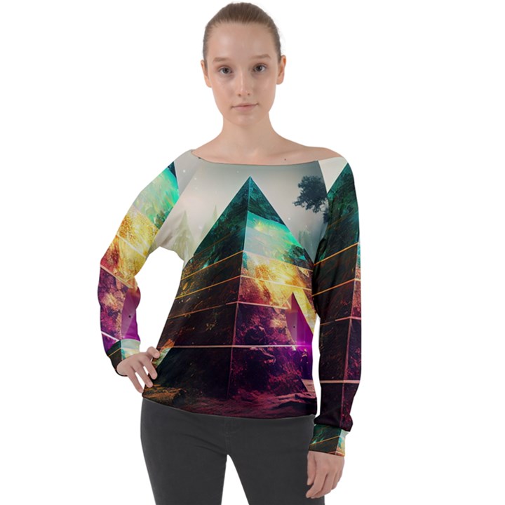 Tropical Forest Jungle Ar Colorful Midjourney Spectrum Trippy Psychedelic Nature Trees Pyramid Off Shoulder Long Sleeve Velour Top