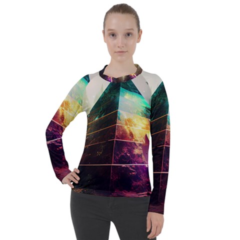 Tropical Forest Jungle Ar Colorful Midjourney Spectrum Trippy Psychedelic Nature Trees Pyramid Women s Pique Long Sleeve T-shirt by Sarkoni