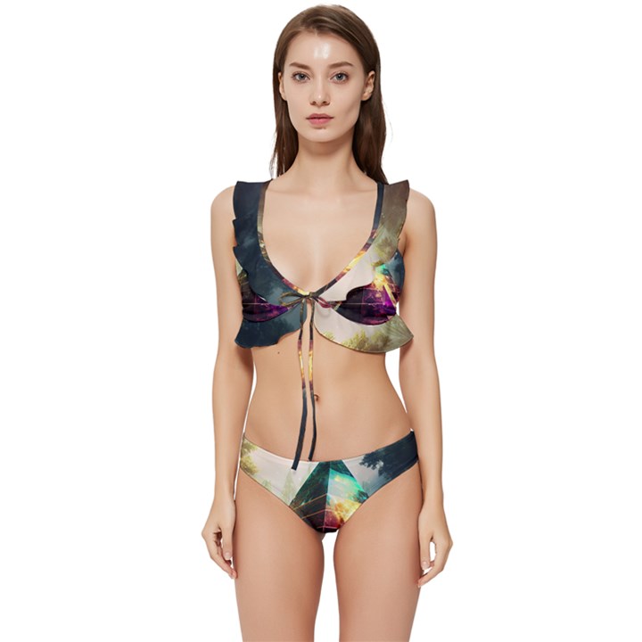 Tropical Forest Jungle Ar Colorful Midjourney Spectrum Trippy Psychedelic Nature Trees Pyramid Low Cut Ruffle Edge Bikini Set