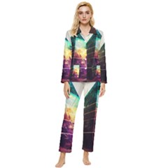 Tropical Forest Jungle Ar Colorful Midjourney Spectrum Trippy Psychedelic Nature Trees Pyramid Womens  Long Sleeve Velvet Pocket Pajamas Set by Sarkoni