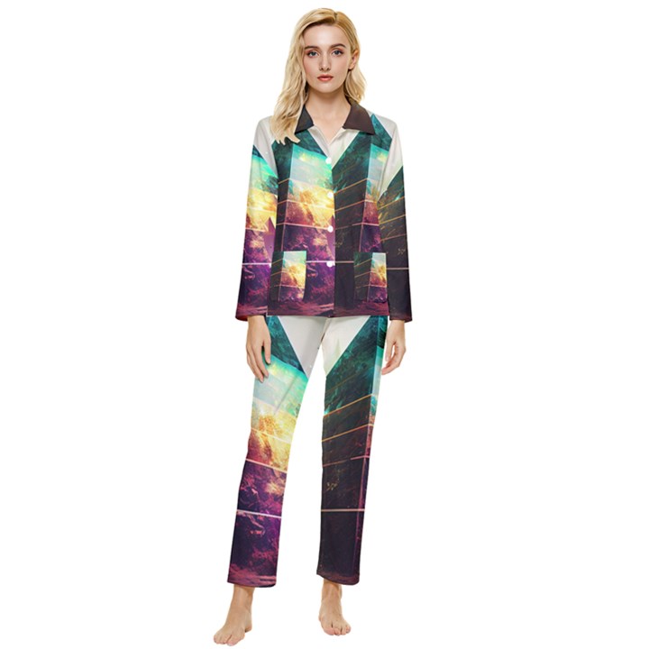 Tropical Forest Jungle Ar Colorful Midjourney Spectrum Trippy Psychedelic Nature Trees Pyramid Womens  Long Sleeve Velvet Pocket Pajamas Set