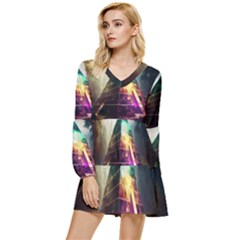 Tropical Forest Jungle Ar Colorful Midjourney Spectrum Trippy Psychedelic Nature Trees Pyramid Tiered Long Sleeve Mini Dress by Sarkoni