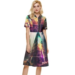 Tropical Forest Jungle Ar Colorful Midjourney Spectrum Trippy Psychedelic Nature Trees Pyramid Button Top Knee Length Dress by Sarkoni