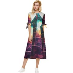 Tropical Forest Jungle Ar Colorful Midjourney Spectrum Trippy Psychedelic Nature Trees Pyramid Bow Sleeve Chiffon Midi Dress by Sarkoni