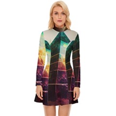 Tropical Forest Jungle Ar Colorful Midjourney Spectrum Trippy Psychedelic Nature Trees Pyramid Long Sleeve Velour Longline Dress by Sarkoni