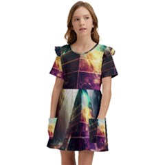 Tropical Forest Jungle Ar Colorful Midjourney Spectrum Trippy Psychedelic Nature Trees Pyramid Kids  Frilly Sleeves Pocket Dress by Sarkoni