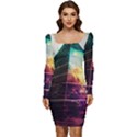 Tropical Forest Jungle Ar Colorful Midjourney Spectrum Trippy Psychedelic Nature Trees Pyramid Women Long Sleeve Ruched Stretch Jersey Dress View1