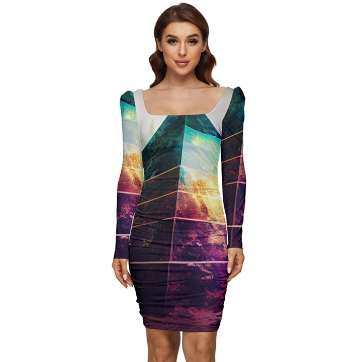 Tropical Forest Jungle Ar Colorful Midjourney Spectrum Trippy Psychedelic Nature Trees Pyramid Women Long Sleeve Ruched Stretch Jersey Dress