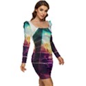 Tropical Forest Jungle Ar Colorful Midjourney Spectrum Trippy Psychedelic Nature Trees Pyramid Women Long Sleeve Ruched Stretch Jersey Dress View2