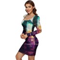 Tropical Forest Jungle Ar Colorful Midjourney Spectrum Trippy Psychedelic Nature Trees Pyramid Women Long Sleeve Ruched Stretch Jersey Dress View3