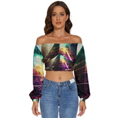 Tropical Forest Jungle Ar Colorful Midjourney Spectrum Trippy Psychedelic Nature Trees Pyramid Long Sleeve Crinkled Weave Crop Top by Sarkoni