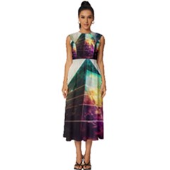 Tropical Forest Jungle Ar Colorful Midjourney Spectrum Trippy Psychedelic Nature Trees Pyramid Sleeveless Round Neck Midi Dress by Sarkoni