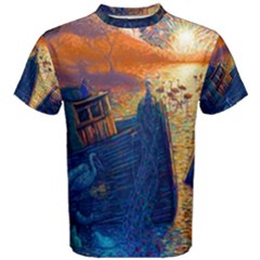 Digital Art Fantasy Impressionism Painting Ship Boat Psychedelic Peacock Mushroom Flamingos Hipwreck Men s Cotton T-shirt by Sarkoni