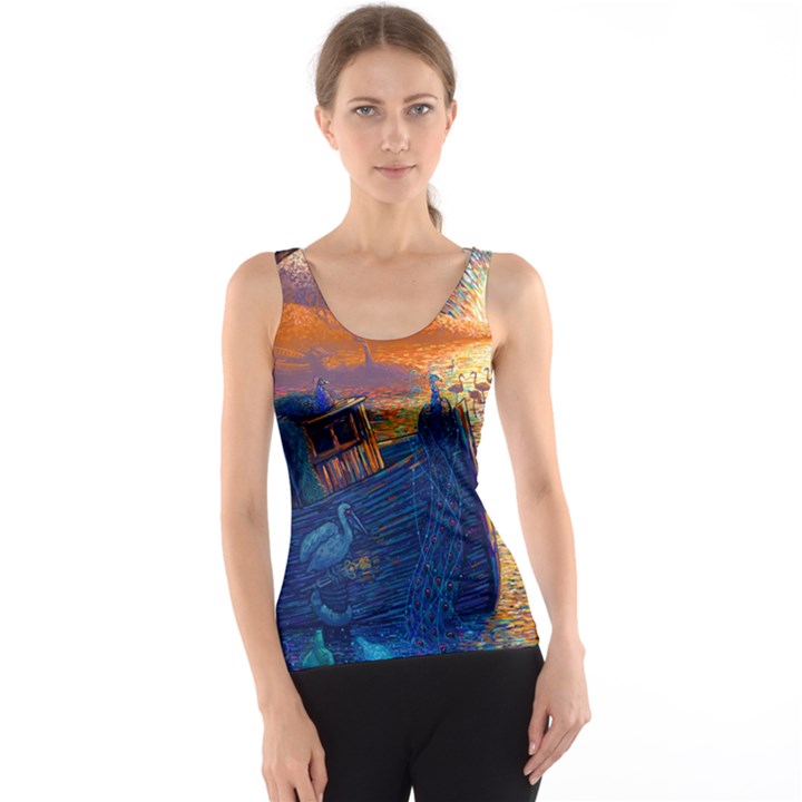 Digital Art Fantasy Impressionism Painting Ship Boat Psychedelic Peacock Mushroom Flamingos Hipwreck Women s Basic Tank Top