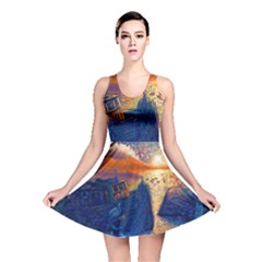 Digital Art Fantasy Impressionism Painting Ship Boat Psychedelic Peacock Mushroom Flamingos Hipwreck Reversible Skater Dress by Sarkoni