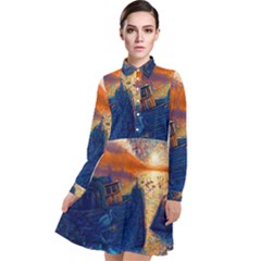 Digital Art Fantasy Impressionism Painting Ship Boat Psychedelic Peacock Mushroom Flamingos Hipwreck Long Sleeve Chiffon Shirt Dress by Sarkoni