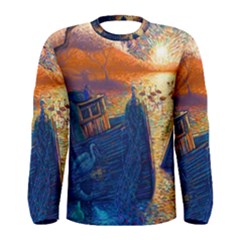 Digital Art Fantasy Impressionism Painting Ship Boat Psychedelic Peacock Mushroom Flamingos Hipwreck Men s Long Sleeve T-shirt by Sarkoni