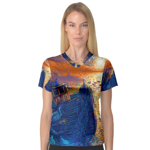 Digital Art Fantasy Impressionism Painting Ship Boat Psychedelic Peacock Mushroom Flamingos Hipwreck V-neck Sport Mesh T-shirt by Sarkoni