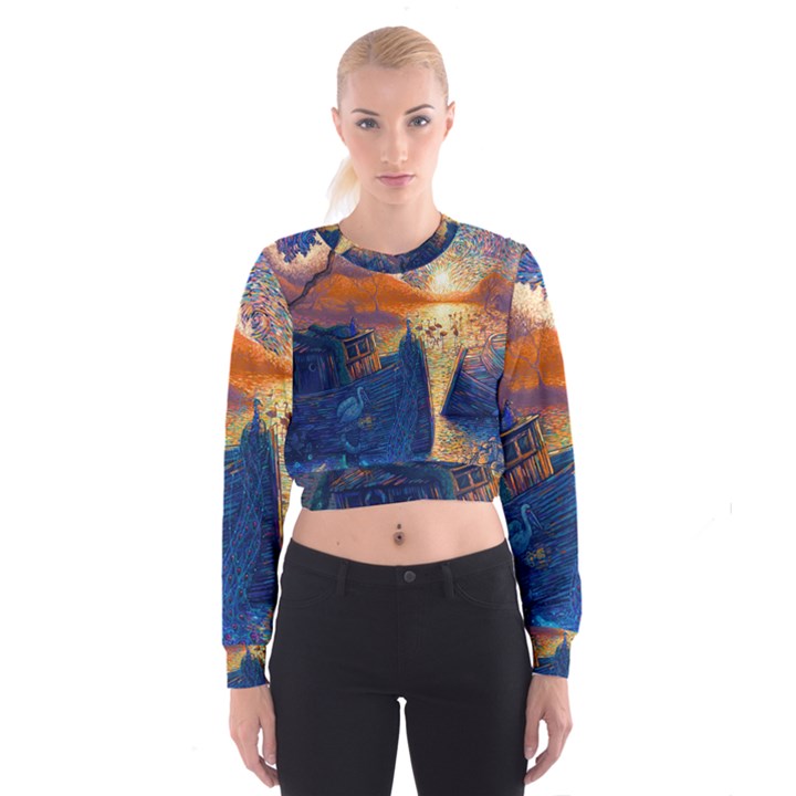 Digital Art Fantasy Impressionism Painting Ship Boat Psychedelic Peacock Mushroom Flamingos Hipwreck Cropped Sweatshirt