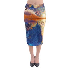 Digital Art Fantasy Impressionism Painting Ship Boat Psychedelic Peacock Mushroom Flamingos Hipwreck Midi Pencil Skirt by Sarkoni