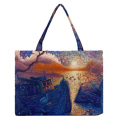 Digital Art Fantasy Impressionism Painting Ship Boat Psychedelic Peacock Mushroom Flamingos Hipwreck Zipper Medium Tote Bag by Sarkoni