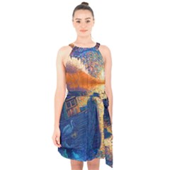 Digital Art Fantasy Impressionism Painting Ship Boat Psychedelic Peacock Mushroom Flamingos Hipwreck Halter Collar Waist Tie Chiffon Dress by Sarkoni