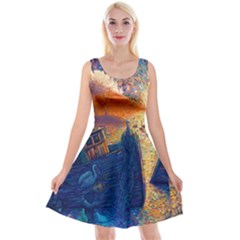 Digital Art Fantasy Impressionism Painting Ship Boat Psychedelic Peacock Mushroom Flamingos Hipwreck Reversible Velvet Sleeveless Dress by Sarkoni