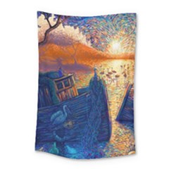 Digital Art Fantasy Impressionism Painting Ship Boat Psychedelic Peacock Mushroom Flamingos Hipwreck Small Tapestry by Sarkoni