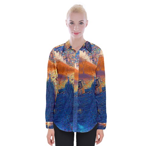 Digital Art Fantasy Impressionism Painting Ship Boat Psychedelic Peacock Mushroom Flamingos Hipwreck Womens Long Sleeve Shirt by Sarkoni