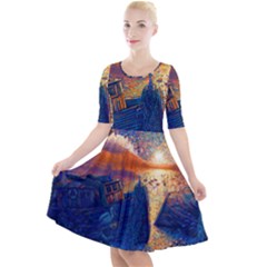 Digital Art Fantasy Impressionism Painting Ship Boat Psychedelic Peacock Mushroom Flamingos Hipwreck Quarter Sleeve A-line Dress by Sarkoni