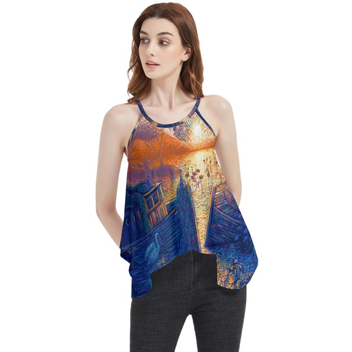 Digital Art Fantasy Impressionism Painting Ship Boat Psychedelic Peacock Mushroom Flamingos Hipwreck Flowy Camisole Tank Top