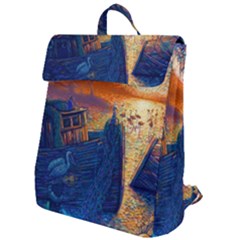 Digital Art Fantasy Impressionism Painting Ship Boat Psychedelic Peacock Mushroom Flamingos Hipwreck Flap Top Backpack by Sarkoni