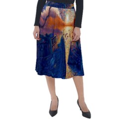 Digital Art Fantasy Impressionism Painting Ship Boat Psychedelic Peacock Mushroom Flamingos Hipwreck Classic Velour Midi Skirt  by Sarkoni